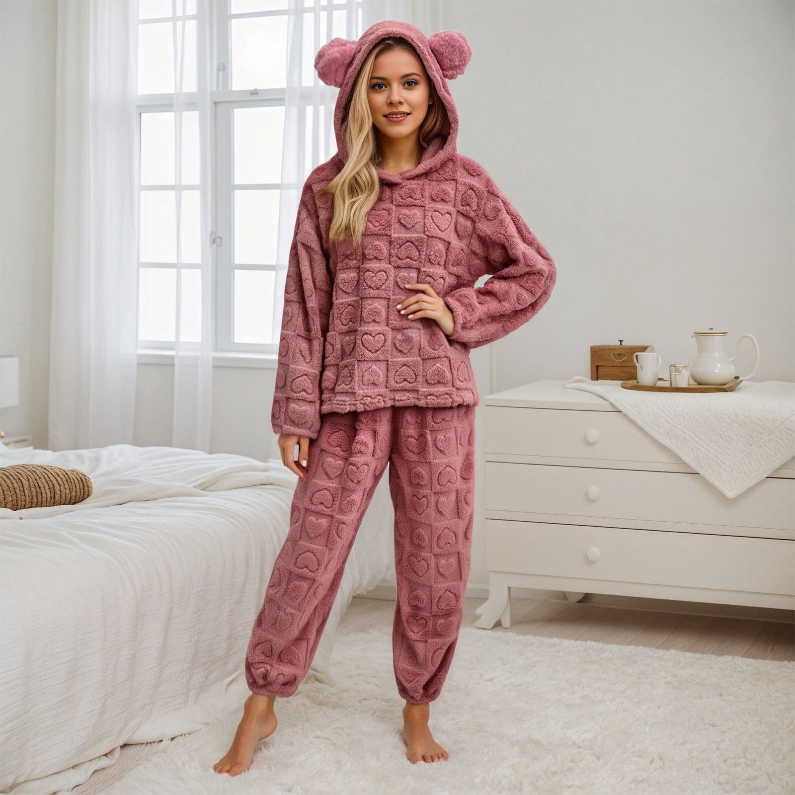 HCYSFG Women's Plush Fleece Embossed Heart Pajama Sets 2 Piece Loose Fit Hooded Long Sleeve Pullover Shirt Paired With Sleepwear Pants Pjs Set
