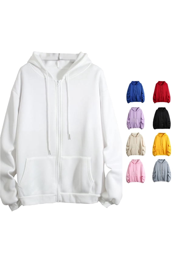 Women's Solid Color Hoodie Full Zip Off White Jacket Drawstring Long Sleeve with Pockets Everyday Wear Fall Winter Coat