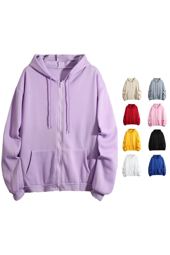 Women's Solid Color Hoodie Full Zip Off White Jacket Drawstring Long Sleeve with Pockets Everyday Wear Fall Winter Coat