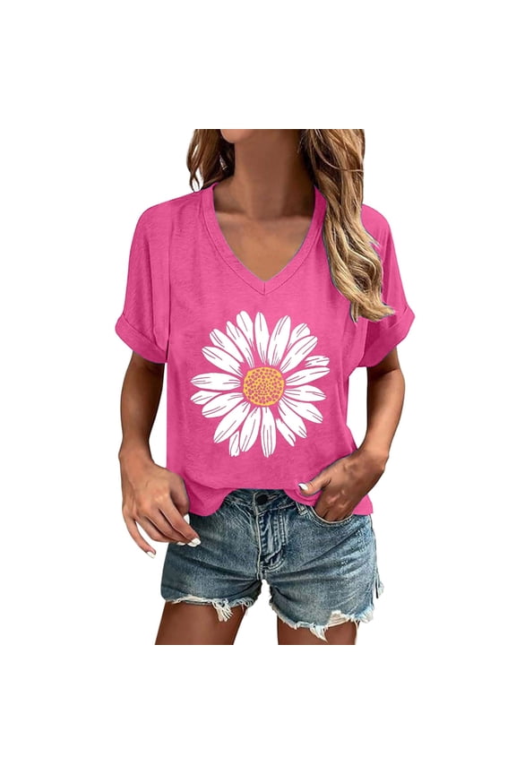 Women's Solid Color V Neck T Shirt Large Daisy Print Short Sleeve Casual Loose Fit Top Summer Tee For Women