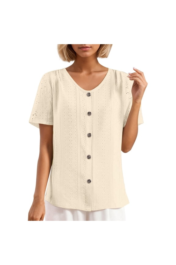Women's Solid color Pointelle Knit Cardigan Short Sleeve Button Down V-Neck Casual Summer Top Lightweight Blouse For Women