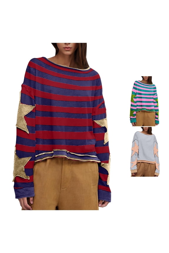 Women's Star Sweatshirt Raw Hem Distressed Patchwork Crewneck Pullover Long Sleeve Drop Shoulder Loose Casual Fall Winter Top