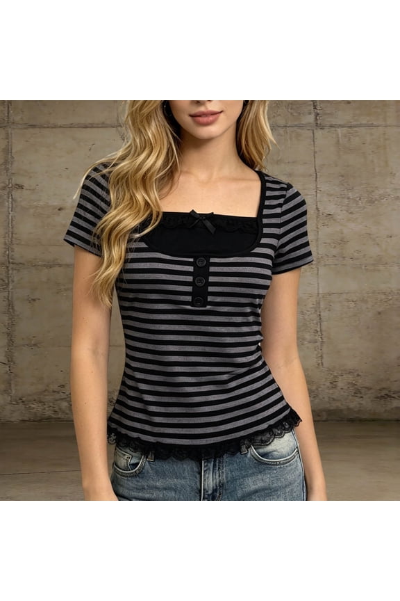 Women's Striped Patterned Top Ladies Casual Square Neck T Shirt Summer Short Sleeve Lace Splice Plain Slim Fit Soft Comfy Everyday Wear Tee