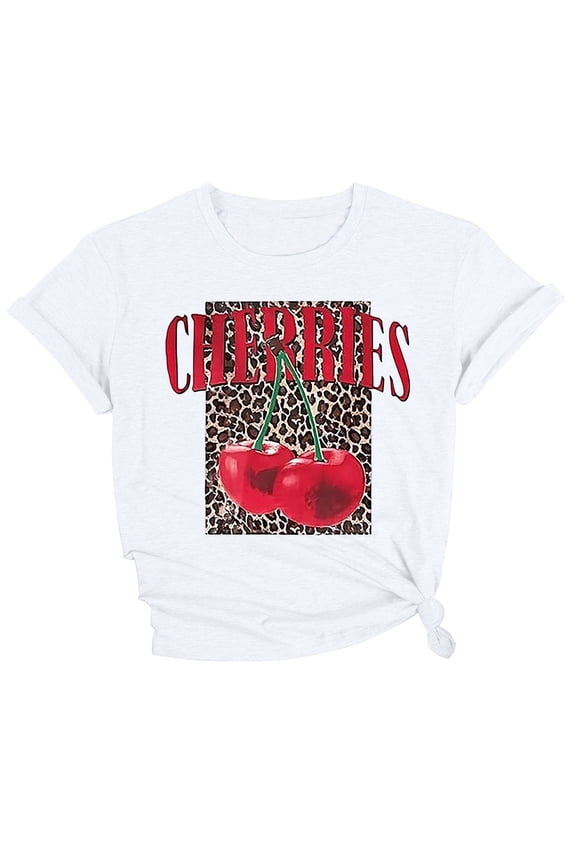 Women's Summer T Shirt Crew Neck Short Sleeve Leopard Cherry Letter Print Breathable Loose Fit Top Everyday Casual Tee