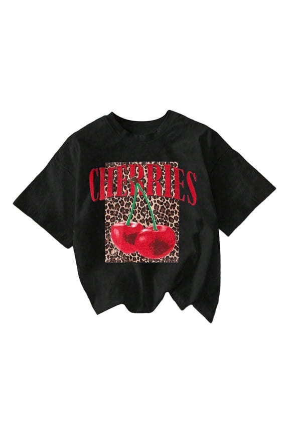 Women's Summer T Shirt Crew Neck Short Sleeve Leopard Cherry Letter Print Breathable Loose Fit Top Everyday Casual Tee