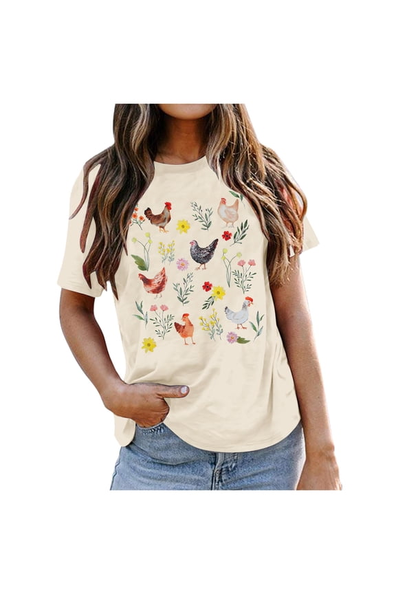 Women's Summer T Shirt Crew Neck Short Sleeve Rooster Print Breathable Loose Fit Top Everyday Casual Tee