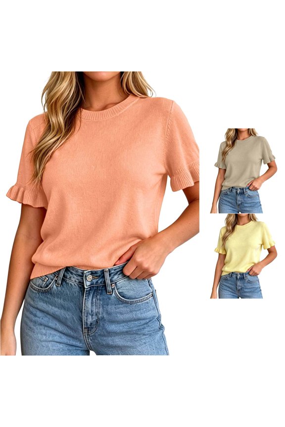 Women's Sweet Flared Ruffle Short Sleeve Top Ladies Casual Solid Plain Crewneck T Shirt Summer Slim Fit Basic Short Sleeve Soft Comfy Everyday Wear Tee