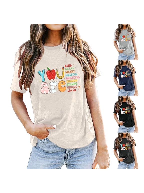 Women's Teacher Graphic T-Shirt Back to School Inspirational Quote Tee Short Sleeve Crewneck Educator Gift Top Positive Vibes Shirt