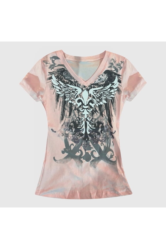 Women's V-Neck T Shirt with Angel Wings Graphic Print Short Sleeve Casual Loose Fit Top Summer Blouse For Women Vintage Style