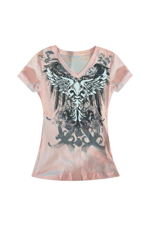 Women's V-Neck T Shirt with Angel Wings Graphic Print Short Sleeve Casual Loose Fit Top Summer Blouse For Women Vintage Style