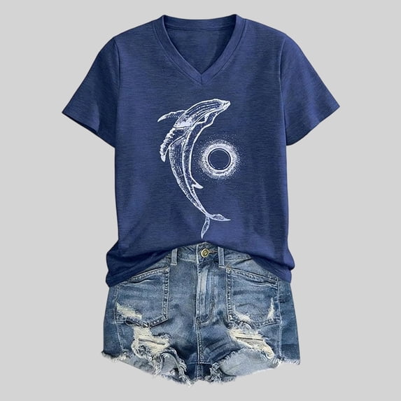 HCYSFG Women's Whale Animal Graphic Top Ladies Casual V Neck T Shirt Summer Retro Ocean Short Sleeve Plain Loose Fit Soft Comfy Everyday Wear Tee