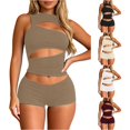 thumbnail image 1 of HCYSFG Womens 2 Piece Outfits Sleeveless Cut Out Crop Top Bodycon Mini Shorts Sets Solid Color Hollow Going Out Outfits Night Out Clothes Sets, 1 of 5