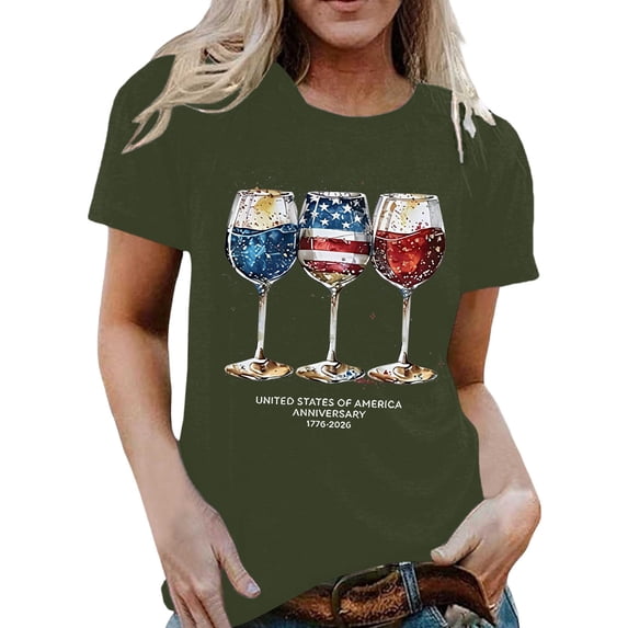 HCYSFG Womens 250th Anniversary t shirt Wine Glass Print top Independence Day Crew Neck Casual Patriotic July 4th Celebration Style tee