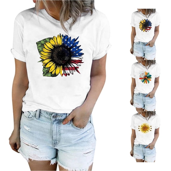 HCYSFG Womens Assorted Sunflower Graphic T Shirts Crewneck Short Sleeve Peace And Patriotic Designs Casual Tees Relaxed Fit Classic Everyday Summer Tops