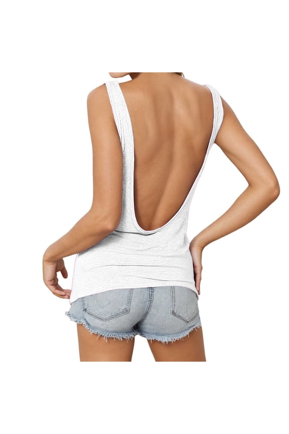 Womens Backless Top Deep V Neck Fashion Solid Color Shirt Sleeveless Slim Fit Stretchy Summer Style Tee