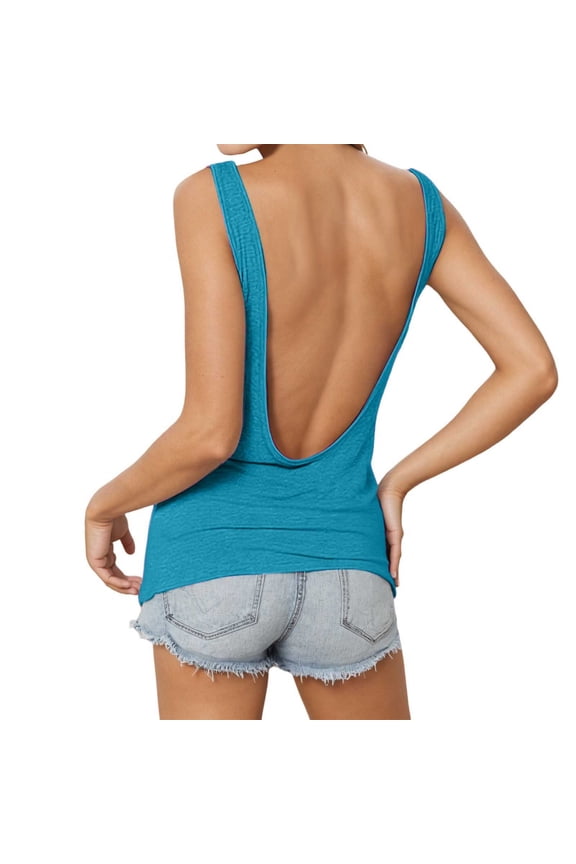 Womens Backless Top Deep V Neck Fashion Solid Color Shirt Sleeveless Slim Fit Stretchy Summer Style Tee