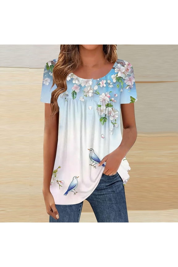 Womens Bird & Flower Print Blouse Short Sleeve Button Down Cardigan Loose Fit Pleated Designer Top Casual Summer Graphic Fashion Clothes
