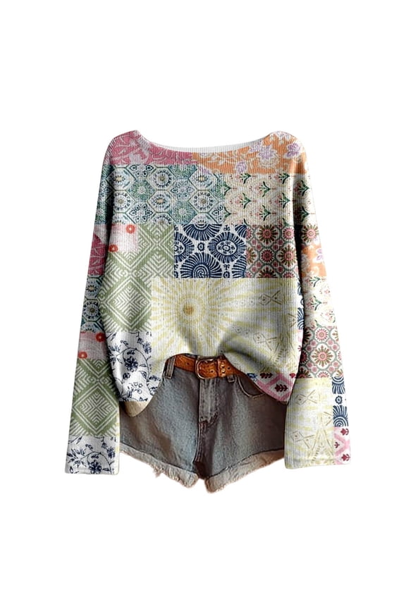 Womens Boho Print Sweaters Crewneck Long Sleeve Western Patchwork Pattern Relaxed Fit Casual Pullover Knit Tops