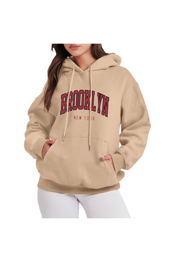 Womens Brooklyn Letter Hoodies Hooded Long Sleeve Kangaroo Pocket Loose Fit Pullover Tops Varsity Style Sweatshirts