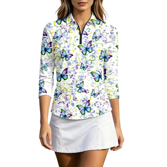 HCYSFG Womens Butterfly Print Polo Shirt Collared 3/4 Sleeve Quarter Zip Golf Blouse Curved Hem Relaxed Fit Casual Sports Top