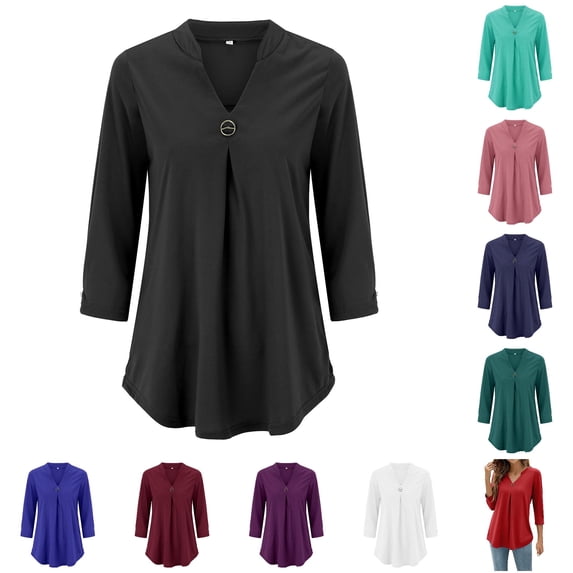 HCYSFG Womens Button T Shirts V Neck 3/4 Sleeve Ruched Front Solid Color Relaxed Fit Casual Tees Fall Everyday Wear Tunic Tops
