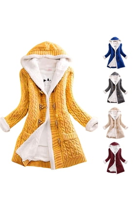 Womens Cable Knit Cardigan Sweaters Solid Color Hooded Long Sleeve Fleece Lined Toggle Button With Pockets Longline Coat