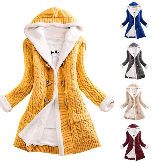 HCYSFG Womens Cable Knit Cardigan Sweaters Solid Color Hooded Long Sleeve Fleece Lined Toggle Button With Pockets Longline Coat