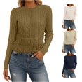 thumbnail image 1 of HCYSFG Womens Cable Knit Crewneck Long Sleeve Fringe Hem Relaxed Fit Textured Pullover Casual Everyday Layering Tops, 1 of 4