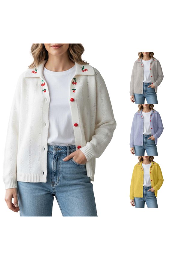 Womens Cherry Embroidered Cardigan Sweater Collared Button Front Long Sleeve Relaxed Fit Knit Preppy Everyday Layering Tops