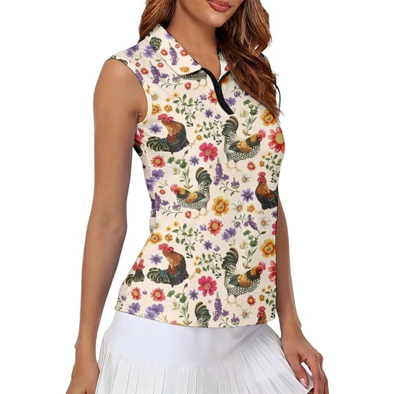 HCYSFG Womens Chicken Floral Polo Top Collared Sleeveless Quarter Zip Fitted Garden Farm Print Golf Shirt Summer Blouse