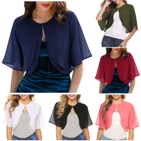 HCYSFG Womens Chiffon Shrug Open Front Short Sleeve Cropped Sheer Fit Formal Wedding Evening Bolero Layering Cardigan