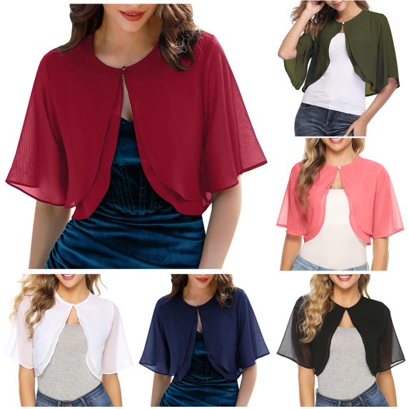 HCYSFG Womens Chiffon Shrug Open Front Short Sleeve Cropped Sheer Fit Formal Wedding Evening Bolero Layering Cardigan