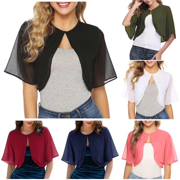 HCYSFG Womens Chiffon Shrug Open Front Short Sleeve Cropped Sheer Fit Formal Wedding Evening Bolero Layering Cardigan