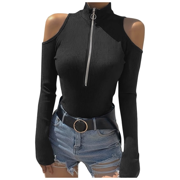HCYSFG Womens Cold Shoulder Top Summer High Neck Long Sleeve Shirt Solid Color Bodysuit Tee Fashion Streetwear Night Out Clothing