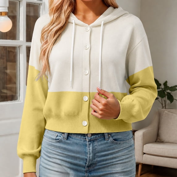 HCYSFG Womens Color Block Cardigan Hooded Button Front Long Sleeve Cropped Fit Textured Knit Sweater Casual Everyday Layering Tops