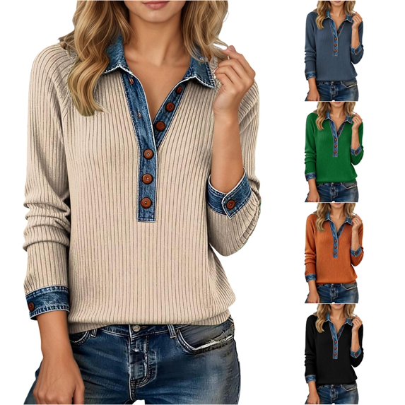 HCYSFG Womens Color Block Sweater Notch Neck Long Sleeve Button Placket Ribbed Texture Relaxed Fit Fall Pullover Knit Tops