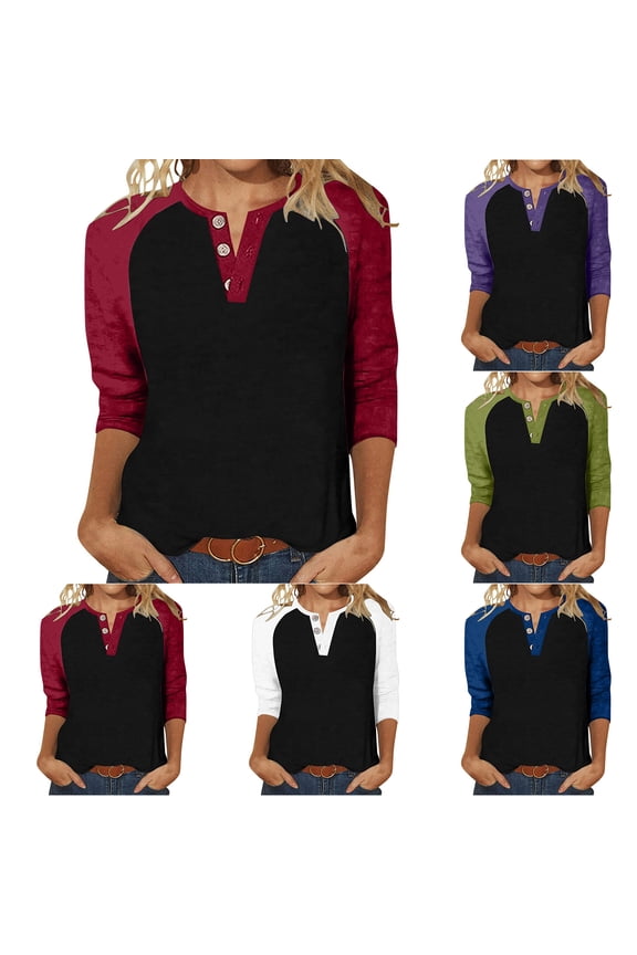 Womens Color Block V Neck Top Casual Raglan 3/4 Sleeve Shirt Contrast Patterned Stylish Fashion Tee