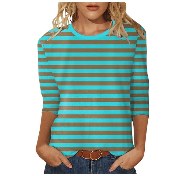 Trendfront Womens Crew Neck 3/4 Sleeve Tops Casual Classic Stripe Graphic Pattern Printed Tees Minimalist Everyday Apparel Style T-Shirts