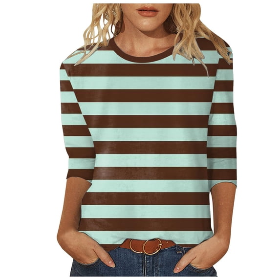 Trendfront Womens Crew Neck 3/4 Sleeve Tops Casual Classic Stripe Graphic Pattern Printed Tees Minimalist Everyday Apparel Style T-Shirts