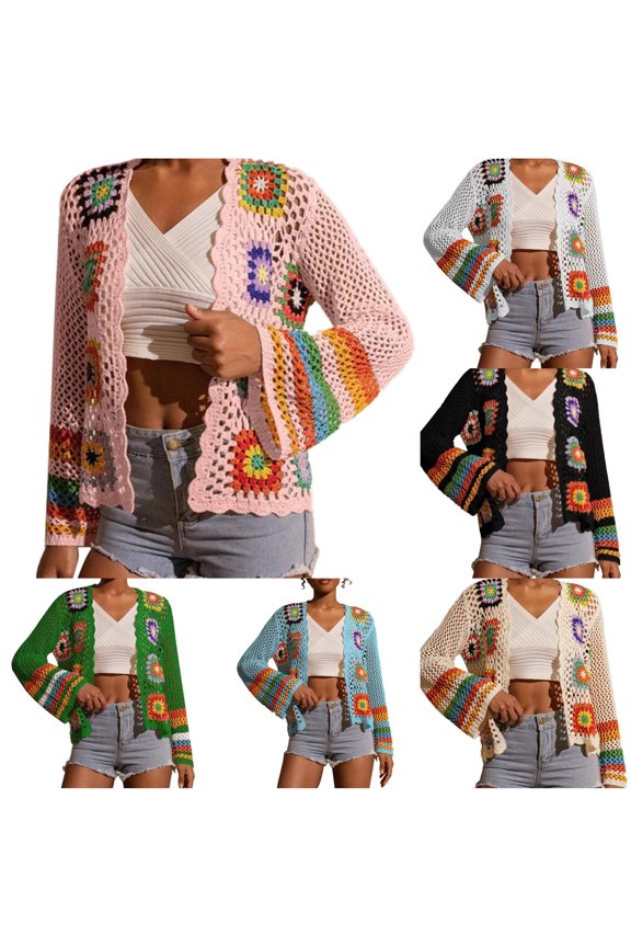 Womens Crochet Cardigan Sweater Open Front Long Sleeve Granny Square Floral Pattern Boho Knit Jacket Everyday Wear Tops