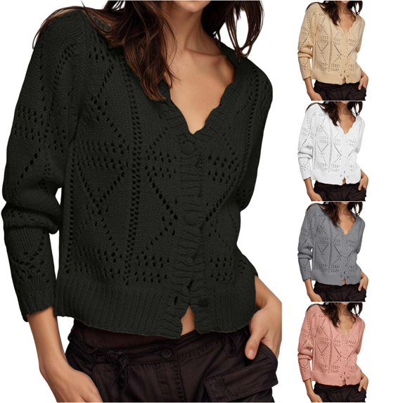 HCYSFG Womens Crochet Cardigan Sweater V Neck Button Front Long Sleeve Hollow Out Cropped Fit Knit Summer Layering Tops