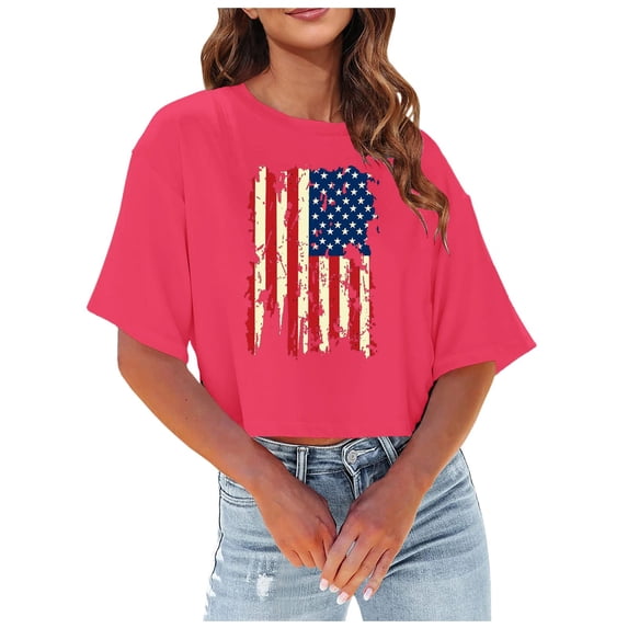 HCYSFG Womens Cropped T Shirt American Flag Graphic Crew Neck Elbow Sleeve Tee Drop Shoulder Loose Fit Patriotic Casual Top