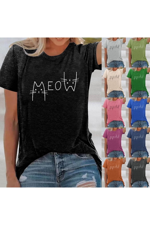 Womens Cute Cat Graphic T-Shirt Short Sleeve Crewneck Kitten Print Top Funny Animal Lover Summer Tee Casual Soft Fashion Shirt