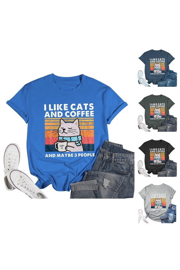 Womens Cute Cat Print T-Shirt Short Sleeve Crewneck Kitten Graphic Tee Funny Animal Lover Gift Top Casual Summer Fashion Shirt