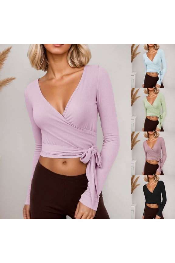 Womens Deep V-Neck Wrap Front Yoga Shirt Criss Cross Tie Waist Long Sleeve Crop Top Slim Fit Workout Athletic Tee Gym Clothes