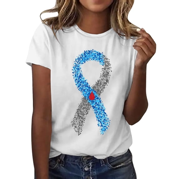 HCYSFG Womens Diabetes Awareness T Shirt Ribbon Graphic Crew Neck Short Sleeve Tee Speckled Design Relaxed Fit Casual Top