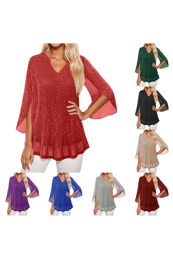 Womens Double Layer Silver Wire Reflective Tee Solid Color Loose Hem Cape Style Top Flare Oversized V Neck 3/4 Sleeve Shirt