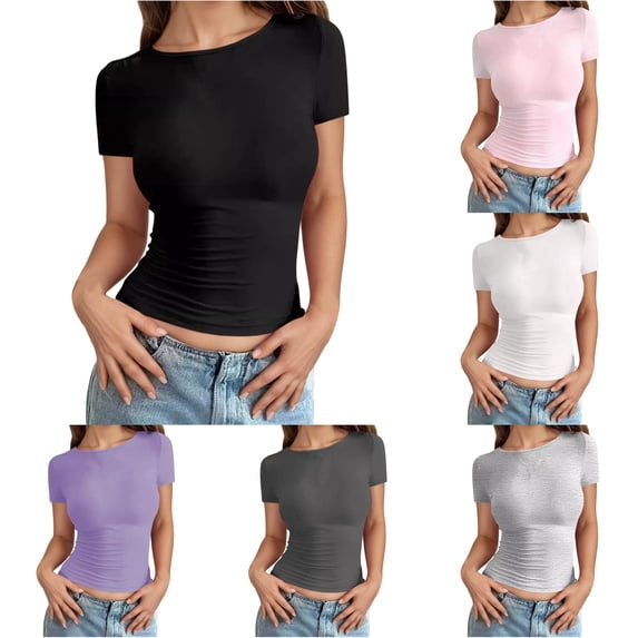 HCYSFG Womens Fitted T Shirts Crewneck Short Sleeve Wide Neckline Slim Fit Trendy Everyday Classic Casual Tees Summer Tops