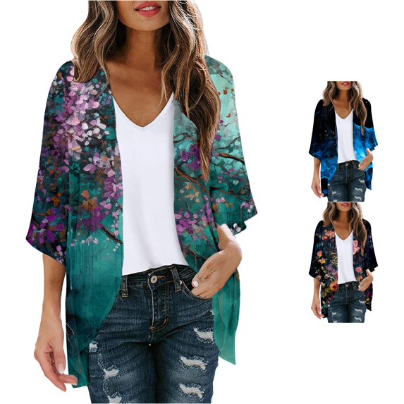 HCYSFG Womens Floral Print Kimono Cardigan Open Front Short Sleeve Lightweight Sheer Loose Fit Beach Cover Up Summer Layering Tops