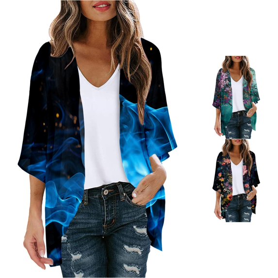 HCYSFG Womens Floral Print Kimono Cardigan Open Front Short Sleeve Lightweight Sheer Loose Fit Beach Cover Up Summer Layering Tops